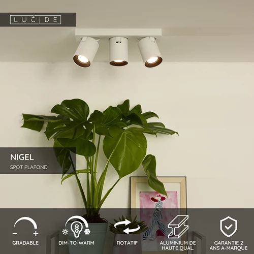 Lucide NIGEL - Spot plafond - LED Dim to warm - GU10 - 3x5W 2200K/3000K - Blanc - USP